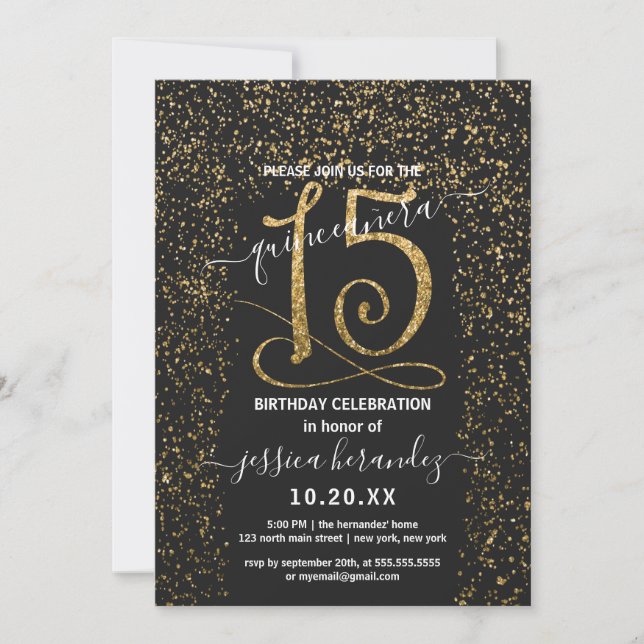 Girly Chic Black Guld Confetti Gräns Quinceañera Inbjudningar (Framsida)