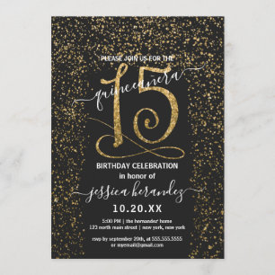 Girly Chic Black Guld Confetti Gräns Quinceañera Inbjudningar