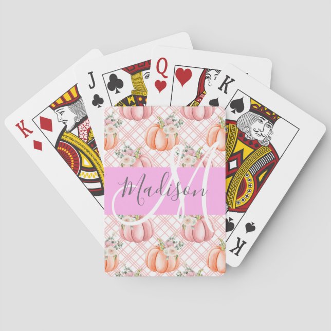 Girly Chic Blommigt Rosa Peach Pumpkin Monogram Na Casinokort (Baksidan)