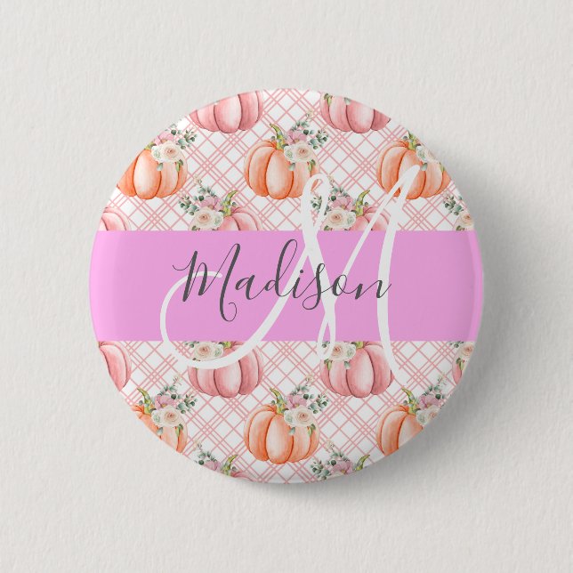 Girly Chic Blommigt Rosa Peach Pumpkin Monogram Na Knapp (Framsida)