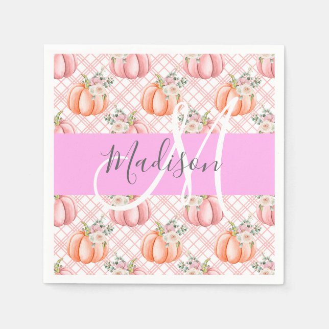 Girly Chic Blommigt Rosa Peach Pumpkin Monogram Na Pappersservett (Framsidan)