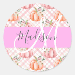 Girly Chic Blommigt Rosa Peach Pumpkin Monogram Na Runt Klistermärke