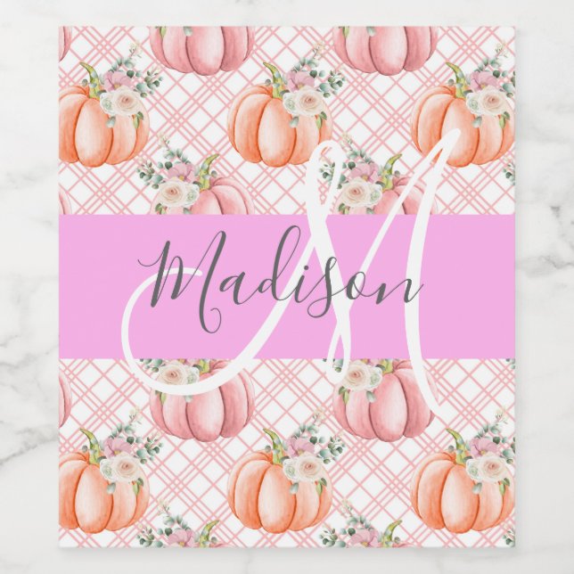 Girly Chic Blommigt Rosa Peach Pumpkin Monogram Na Vinflaska Etikett (Singel etikett)