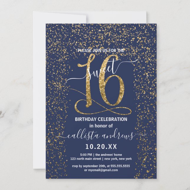 Girly Chic Blue Guld Confetti Gräns Sweet 16 Inbjudningar (Framsida)
