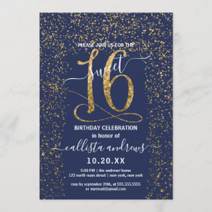 Girly Chic Blue Guld Confetti Gräns Sweet 16 Inbjudningar