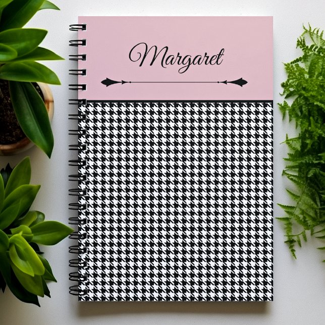 Girly Chic Classic Houndstooth & Pink Notebook Anteckningsbok (Skapare uppladdad)