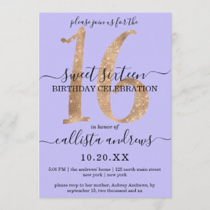Girly Chic Faux Guld Glitter Lilac Lila Sweet 16 Inbjudningar