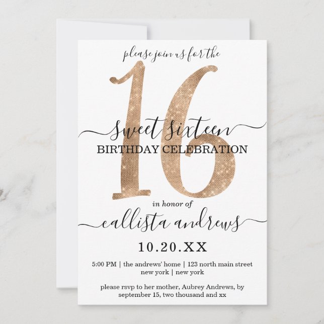 Girly Chic Faux Guld Glitter White Sweet 16 Inbjudningar (Framsida)