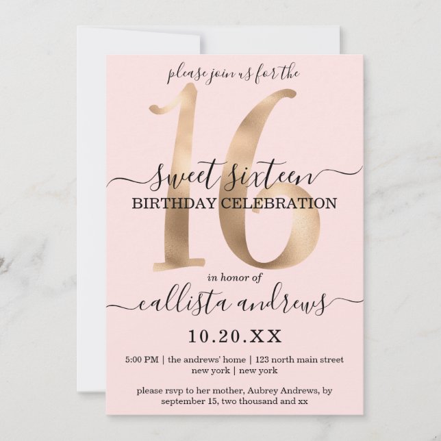 Girly Chic Faux Guld  Rosa Sweet 16 Inbjudningar (Framsida)