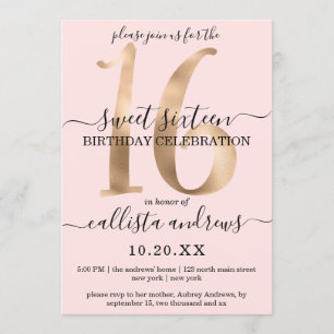 Girly Chic Faux Guld Rosa Sweet 16 Inbjudningar