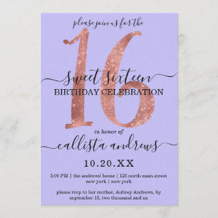 Girly Chic Faux Ro Guld Glitter Lila Sweet 16 Inbjudningar