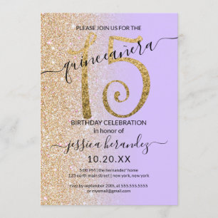 Girly Chic Lavender Guld Glitter Ombre Quinceañera Inbjudningar