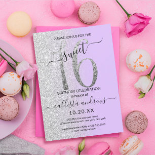 Girly Chic Lavender Silver Glitter Ombre Sweet 16 Inbjudningar