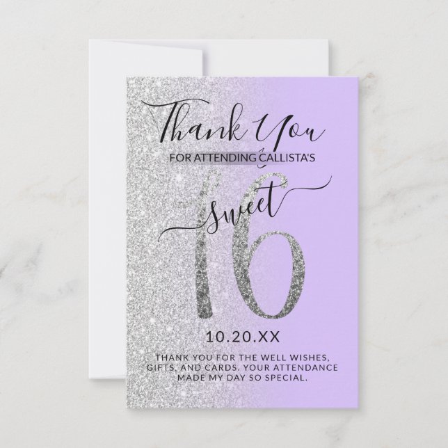 Girly Chic Lavender Silver Glitter Ombre Sweet 16 Tack Kort (Framsida)