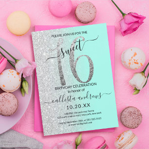 Girly Chic Mint Silver Glitter Ombre Sweet 16 Inbjudningar