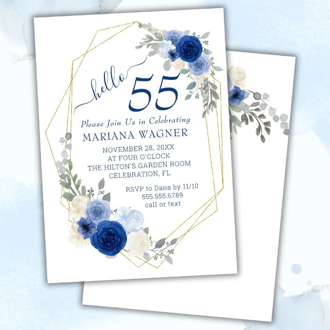 Girly Chic Navy Blue Blommigt 55:e födelsedagen Inbjudningar (Skapare uppladdad)