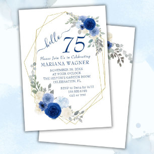 Girly Chic Navy Blue Blommigt 75:e Birthday Inbjudningar