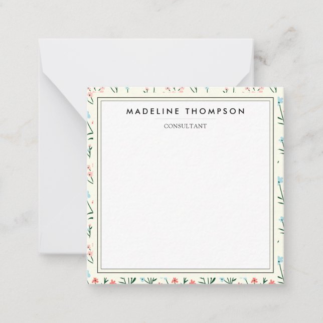 Girly Chic Pastel Pink Blue Flowers Pattern Square Anteckningskort (Framsida)