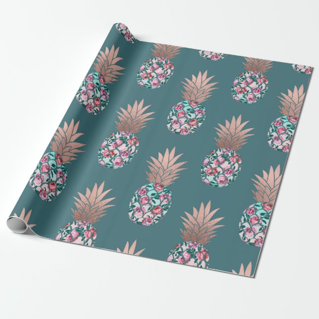 Girly Chic Ro Guld Blommigt  Ananas Teal Grönt Presentpapper (Utrullad)