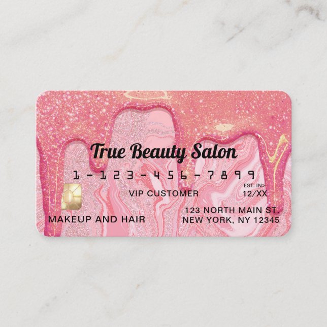 Girly Chic Rosa Glitter Marble Dricks Kredit Visitkort (Framsida)