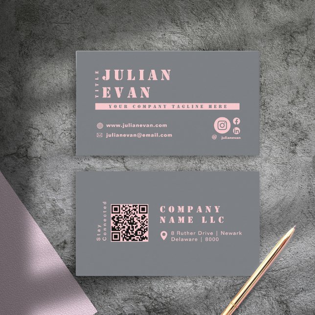 Girly Chic  Rosa Grått Typografi QR-kod Visitkort (Girly Chic Blush Pink Grey Typography QR Code Business Card)