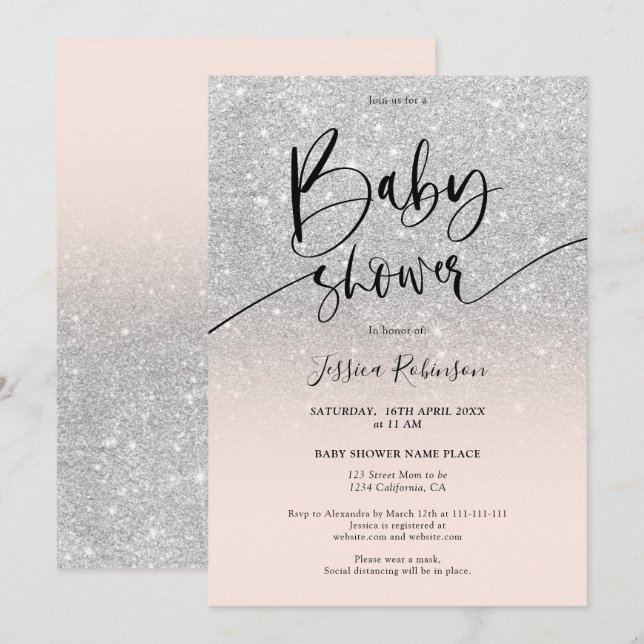 Girly chic silver glitter rosa babydusch för  inbjudningar (Fram/baksida)