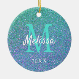 Girly Chic Teal Blue Glitter Gnistra Monogram Julgransprydnad Keramik