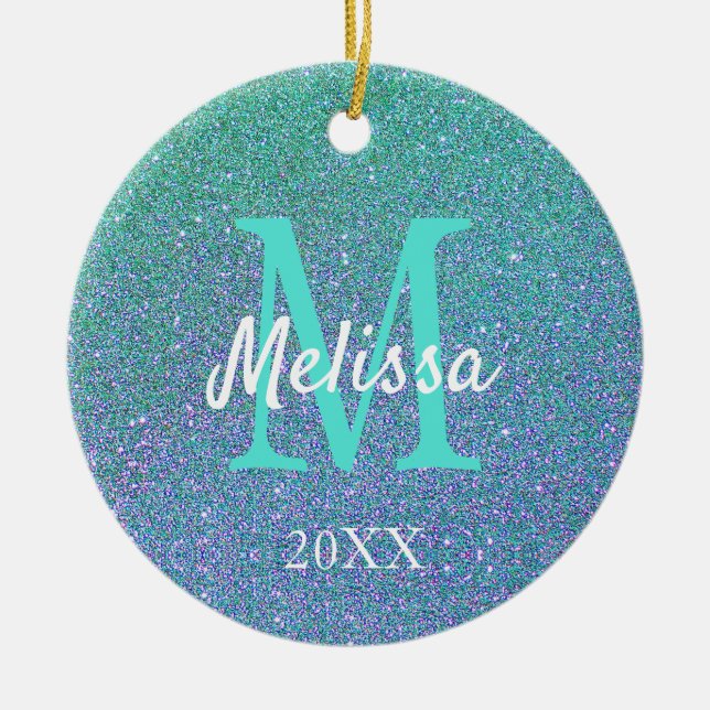 Girly Chic Teal Blue Glitter Gnistra Monogram Julgransprydnad Keramik (Framsidan)