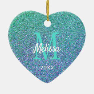 Girly Chic Teal Blue Glitter Gnistra Monogram Namn Julgransprydnad Keramik