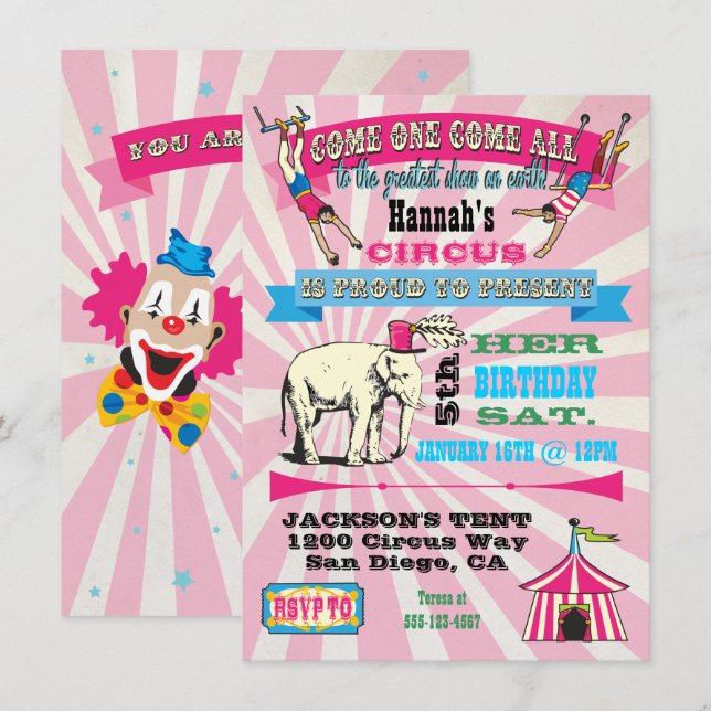 GIrly Circus Poster Stil-partiinbjudningar Inbjudningar (Fram/baksida)