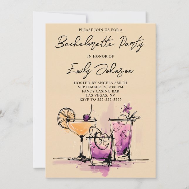 Girly Cocktails Illustration Bachelorette Party Inbjudningar (Framsida)
