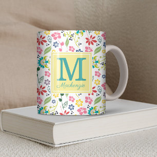 Girly Colorful Bohemian Vår blommor Monogram Kaffemugg