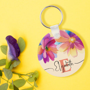 Girly Colorful Pastel Watercolor Flower Monogram Nyckelring
