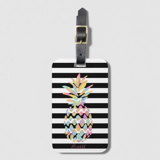 Girly Colorful Pineapple, Black White Rand Bagagebricka (Framsida vertikal)