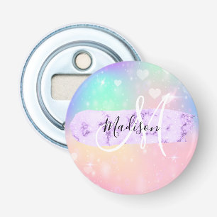 Girly Colorful Unicorn Rainbow Hearts Monogram Flasköppnare