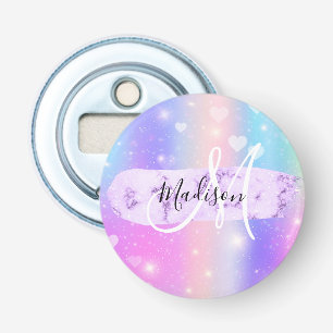 Girly Colorful Unicorn Rainbow Hearts Monogram Flasköppnare