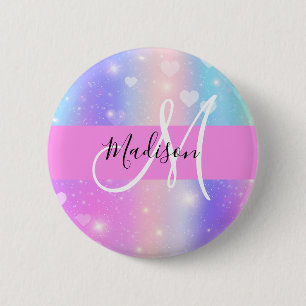 Girly Colorful Unicorn Rainbow Hearts Monogram Knapp