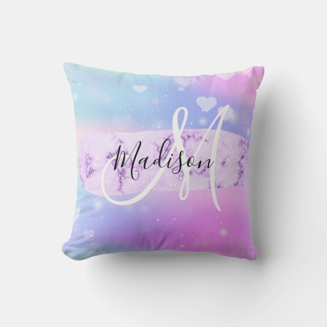 Girly Colorful Unicorn Rainbow Hearts Monogram Kudde (Framsida)