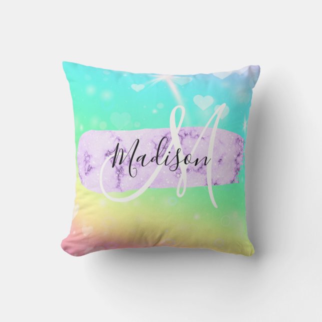 Girly Colorful Unicorn Rainbow Hearts Monogram Kudde (Framsida)