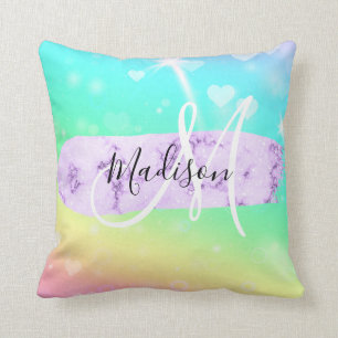 Girly Colorful Unicorn Rainbow Hearts Monogram Kudde