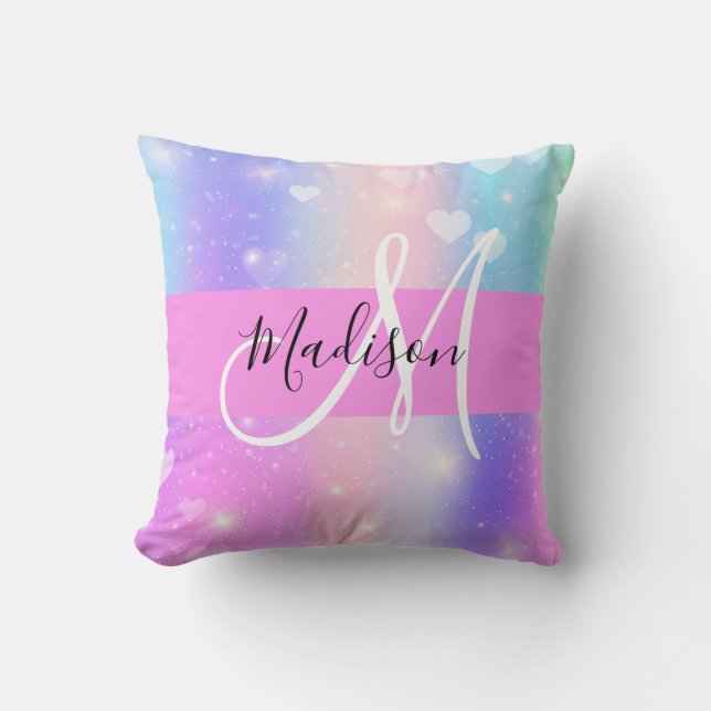 Girly Colorful Unicorn Rainbow Hearts Monogram Kudde (Framsida)