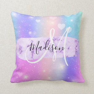Girly Colorful Unicorn Rainbow Hearts Monogram Kudde