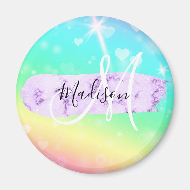 Girly Colorful Unicorn Rainbow Hearts Monogram Magnet (Framsidan)