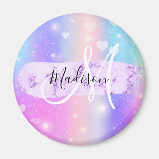 Girly Colorful Unicorn Rainbow Hearts Monogram Magnet (Framsidan)