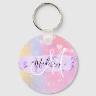 Girly Colorful Unicorn Rainbow Hearts Monogram Nyckelring