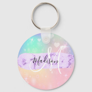 Girly Colorful Unicorn Rainbow Hearts Monogram Nyckelring