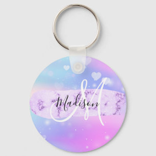 Girly Colorful Unicorn Rainbow Hearts Monogram Nyckelring