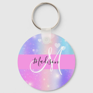 Girly Colorful Unicorn Rainbow Hearts Monogram Nyckelring