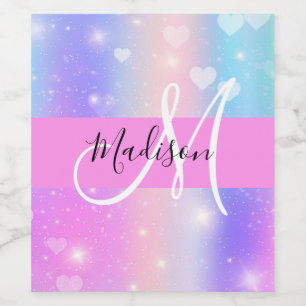 Girly Colorful Unicorn Rainbow Hearts Monogram Vinflaska Etikett