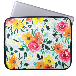 Girly Colorful Watercolor Rosa Gula blommor Laptop Sleeve